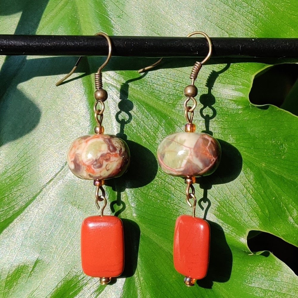 🌟HOST PICK!🌟Unique Handcrafted Petrified Wood & Red Jasper Gemstone Earrings